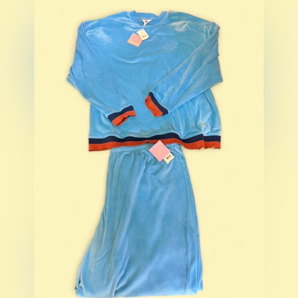 Women’s Light Blue Velour Track Set with Contrast Trim
